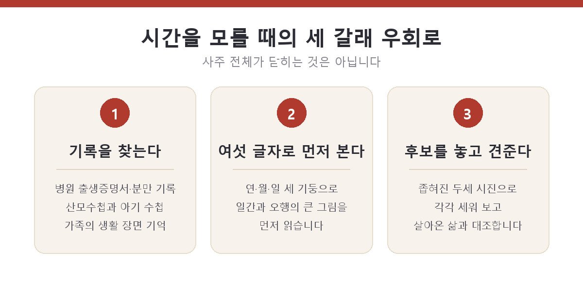 출생 기록 확인, 여섯 글자로 먼저 보기, 후보 시간대 비교라는 세 가지 현실적인 대안을 정리한 카드형 도해
