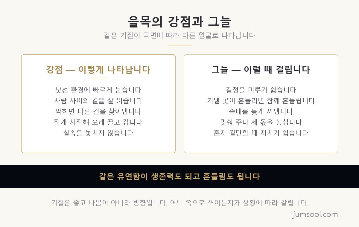을목 일간의 강점 다섯 줄과 그늘 다섯 줄을 좌우 두 칸으로 나란히 놓고 비교한 대비 카드 도해