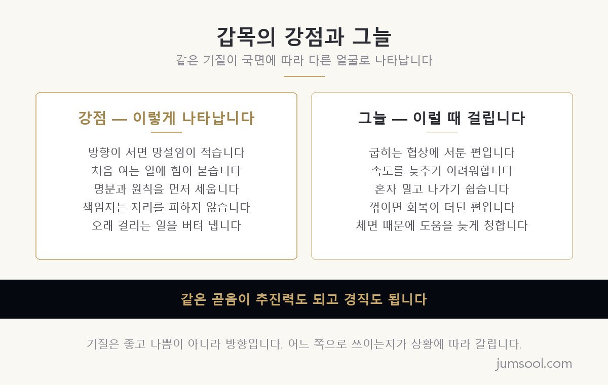 갑목 일간의 강점 다섯 줄과 그늘 다섯 줄을 좌우 두 칸으로 나란히 놓고 비교한 대비 카드 도해