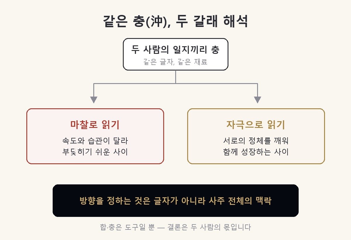 같은 충을 두 갈래로 해석하는 도해 — 일지끼리 충이라는 같은 재료가 마찰로 읽기(속도와 습관이 달라 부딪히기 쉬운 사이)와 자극으로 읽기(서로의 정체를 깨워 성장시키는 사이)로 갈라지고, 방향을 정하는 것은 사주 전체의 맥락이라는 구조