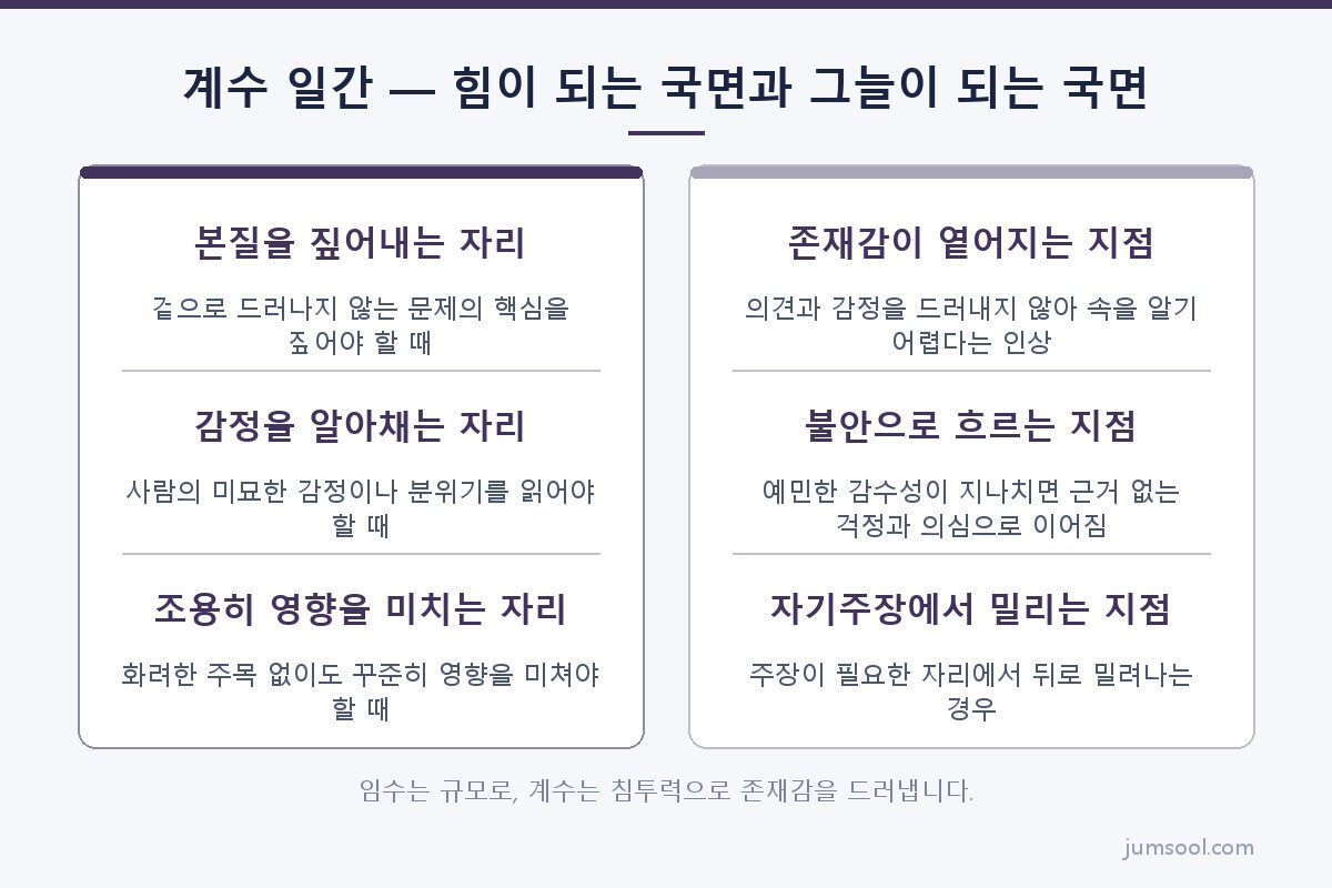 계수 일간 — 힘이 되는 국면과 그늘이 되는 국면 (계수(癸水) 일간 도해)