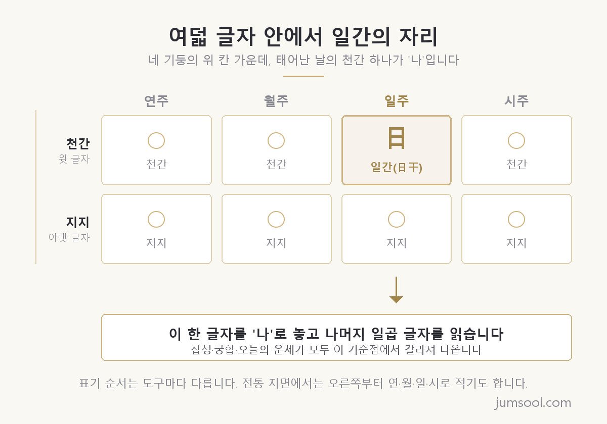 연주 월주 일주 시주 네 기둥을 천간과 지지 두 줄로 그린 배치도에서 일주의 천간 칸만 골드로 강조해 일간의 자리를 표시한 도해