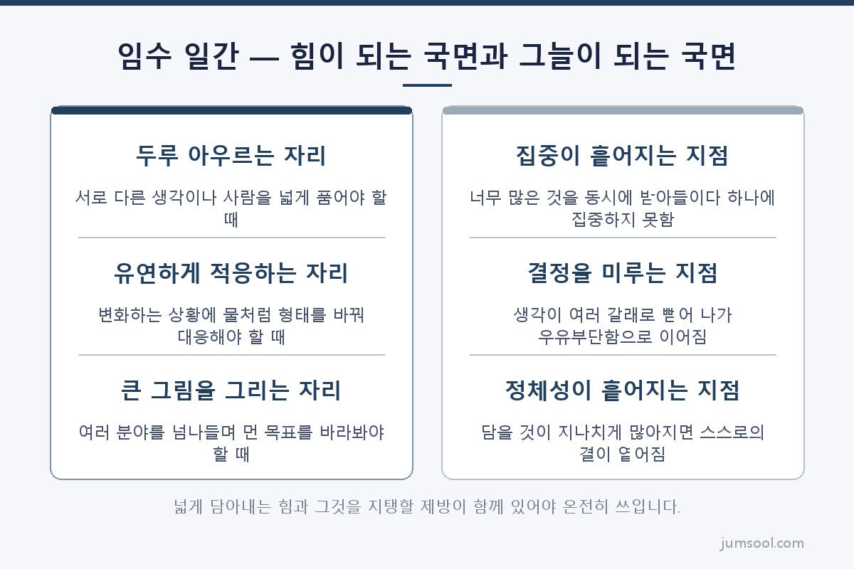 임수 일간 — 힘이 되는 국면과 그늘이 되는 국면 (임수(壬水) 일간 도해)