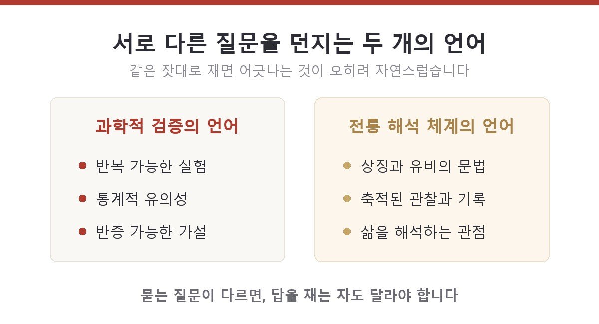 과학적 검증의 언어와 전통 해석 체계의 언어를 나란히 비교한 도해 — 과학 쪽에는 반복 가능한 실험, 통계적 유의성, 반증 가능한 가설이, 전통 해석 체계 쪽에는 상징과 유비의 문법, 축적된 관찰과 기록, 삶을 해석하는 관점이 적혀 있다
