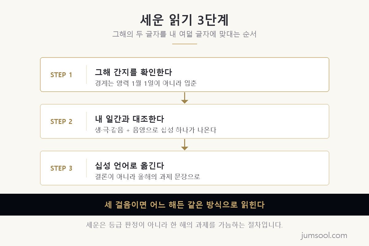 세운을 읽는 세 단계를 위에서 아래로 잇는 도해 — STEP 1은 그해 간지를 확인한다(경계는 양력 1월 1일이 아니라 입춘), STEP 2는 내 일간과 대조한다(생·극·같음과 음양으로 십성 하나가 나온다), STEP 3은 십성 언어로 옮긴다(결론이 아니라 올해의 과제 문장으로)