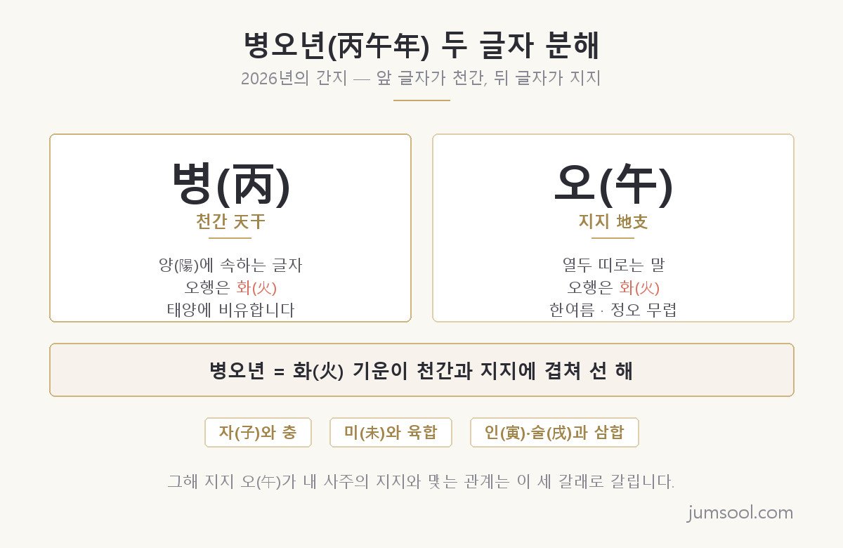 2026년 병오년의 간지를 두 글자로 분해한 도해 — 왼쪽 카드는 병(丙)이 천간이자 양의 화이며 태양에 비유된다는 속성을, 오른쪽 카드는 오(午)가 지지이자 화이며 말띠·한여름·정오 무렵에 해당한다는 속성을 담고 있고, 아래에는 병오년이 화 기운이 천간과 지지에 겹쳐 선 해라는 요약과 자와 충·미와 육합·인과 술의 삼합이라는 세 개의 칩이 놓여 있다