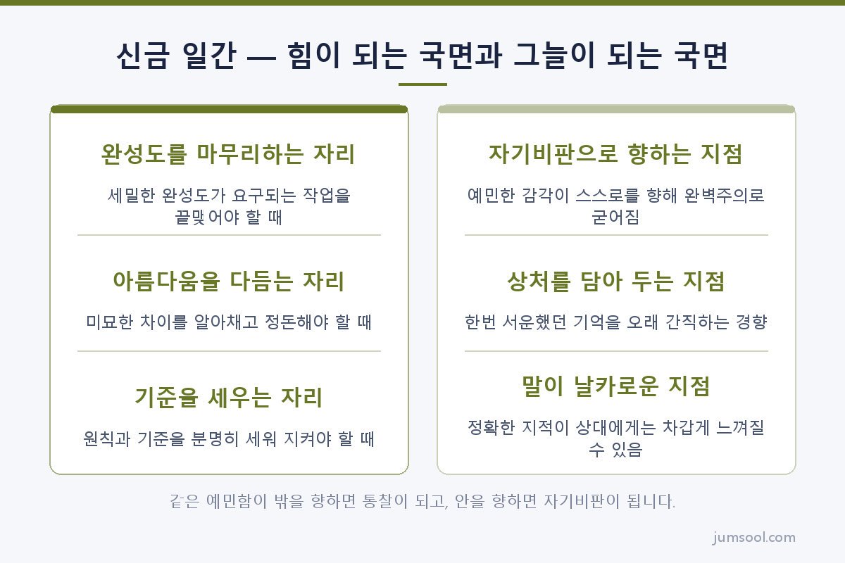 신금 일간 — 힘이 되는 국면과 그늘이 되는 국면 (신금(辛金) 일간 도해)