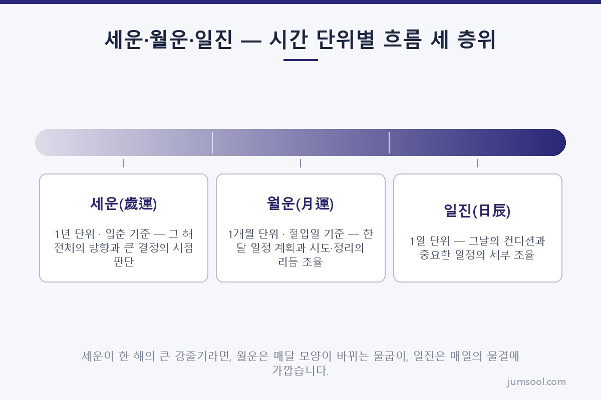 세운·월운·일진 — 시간 단위별 흐름 세 층위 (월운(月運) 읽는 법 도해)